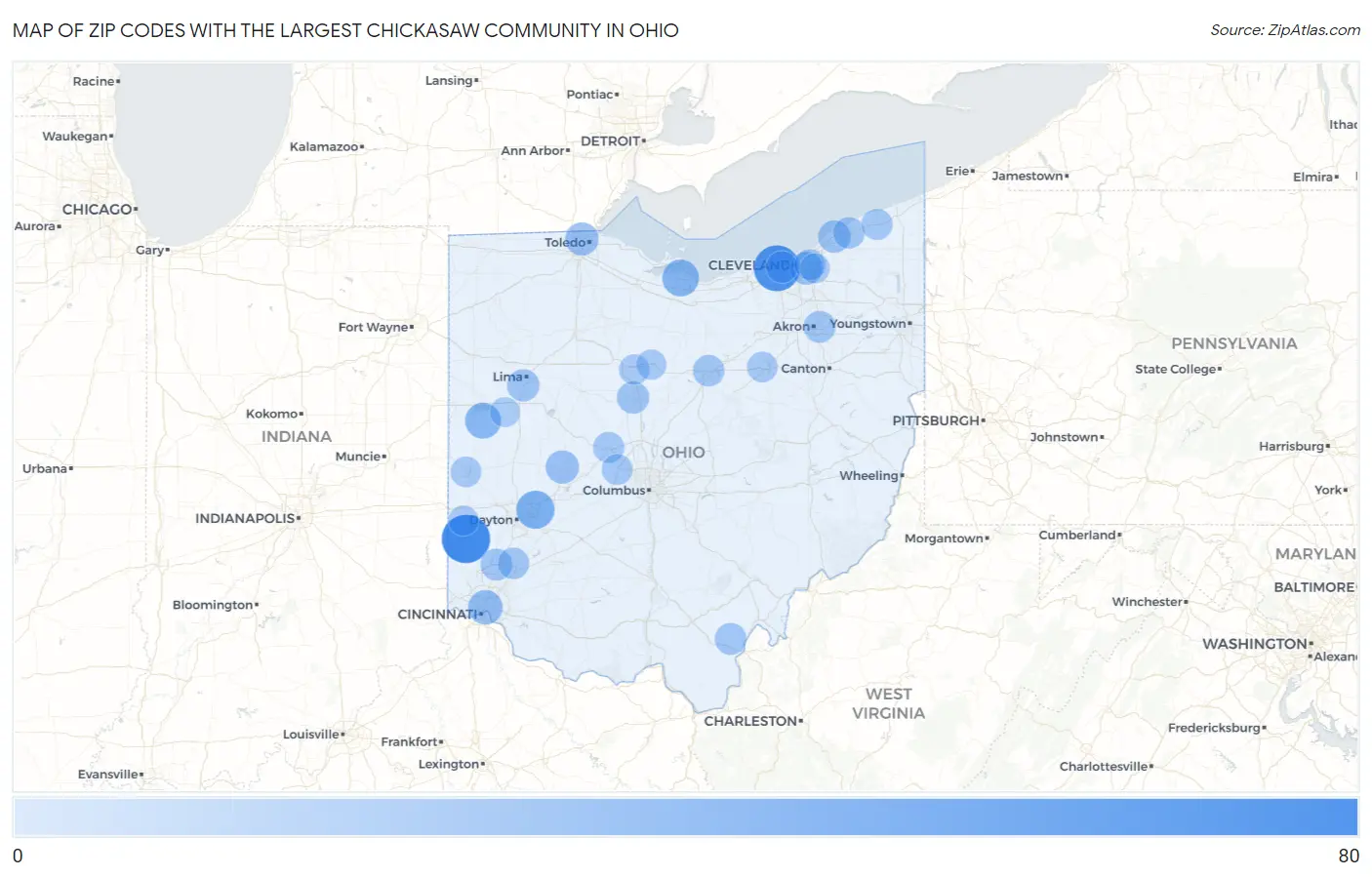 Zip Codes with the Largest Chickasaw Community in Ohio Map