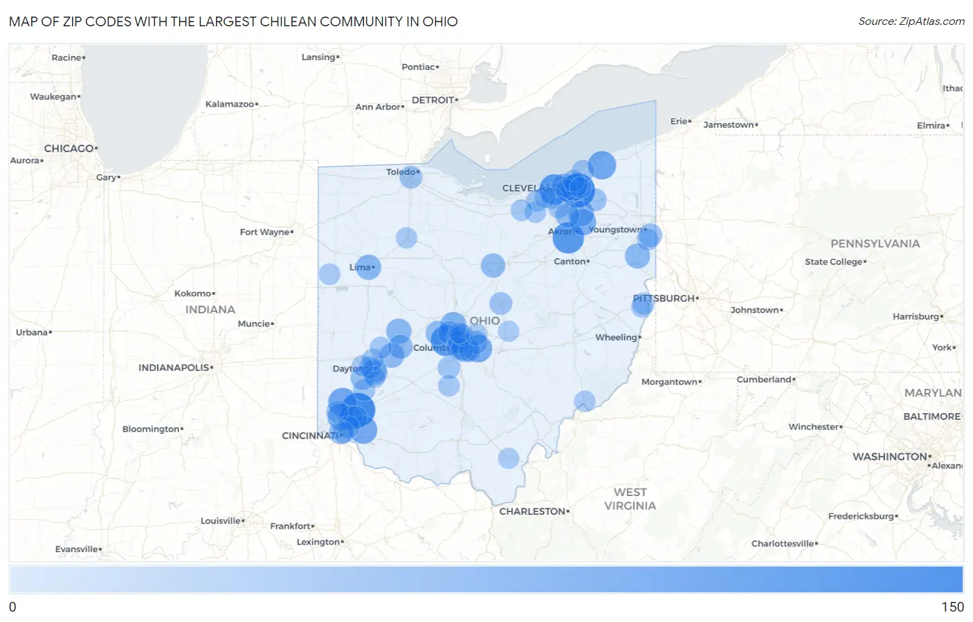 Zip Codes with the Largest Chilean Community in Ohio Map