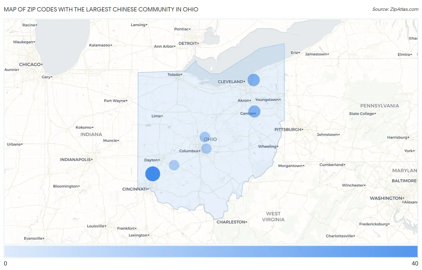 Zip Codes with the Largest Chinese Community in Ohio Map