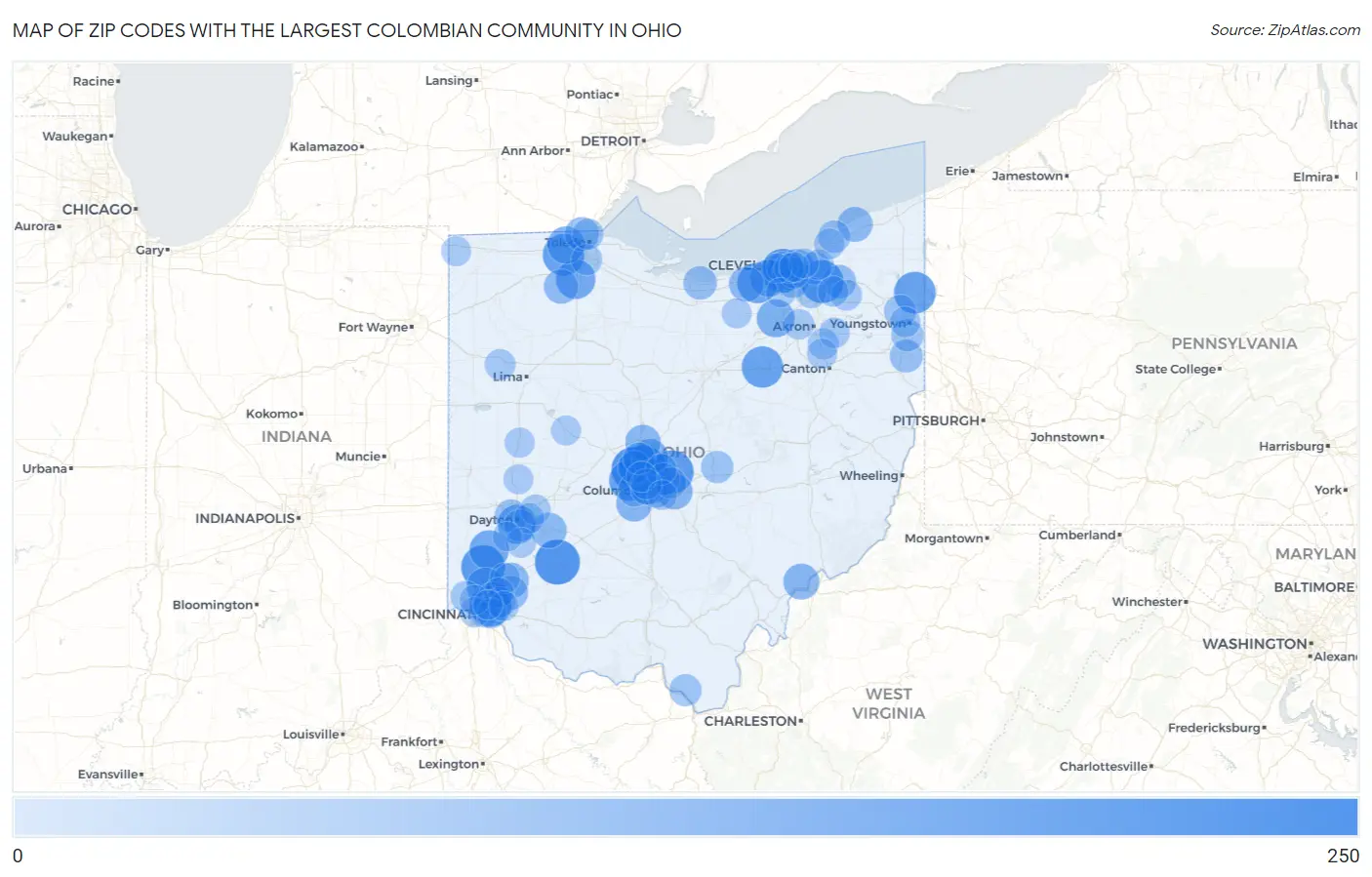 Zip Codes with the Largest Colombian Community in Ohio Map