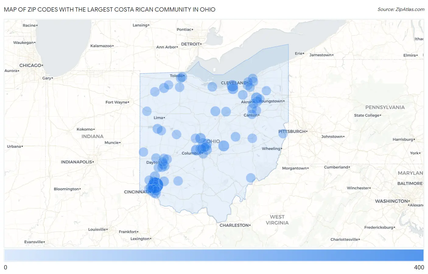 Zip Codes with the Largest Costa Rican Community in Ohio Map