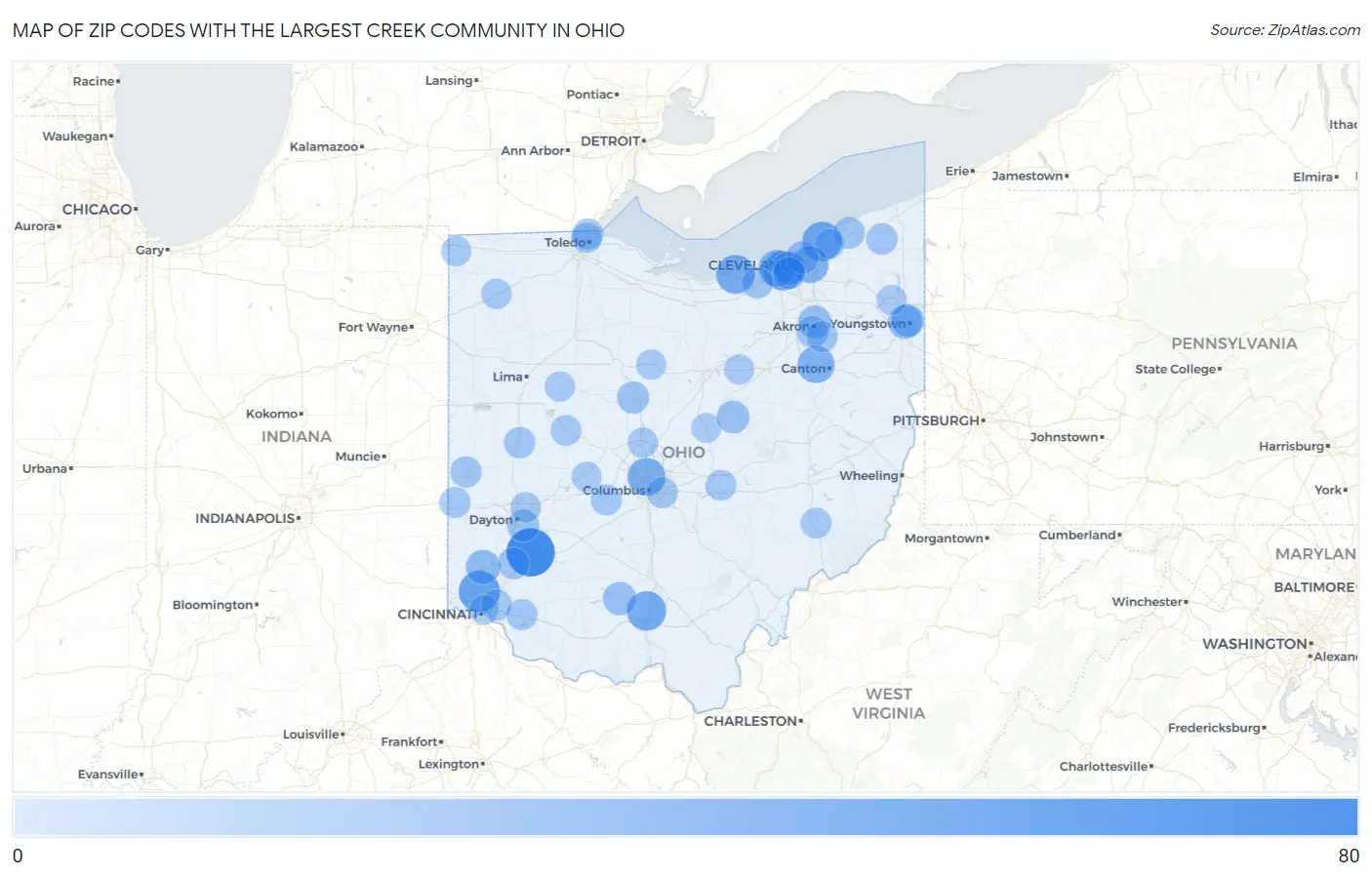 Zip Codes with the Largest Creek Community in Ohio Map