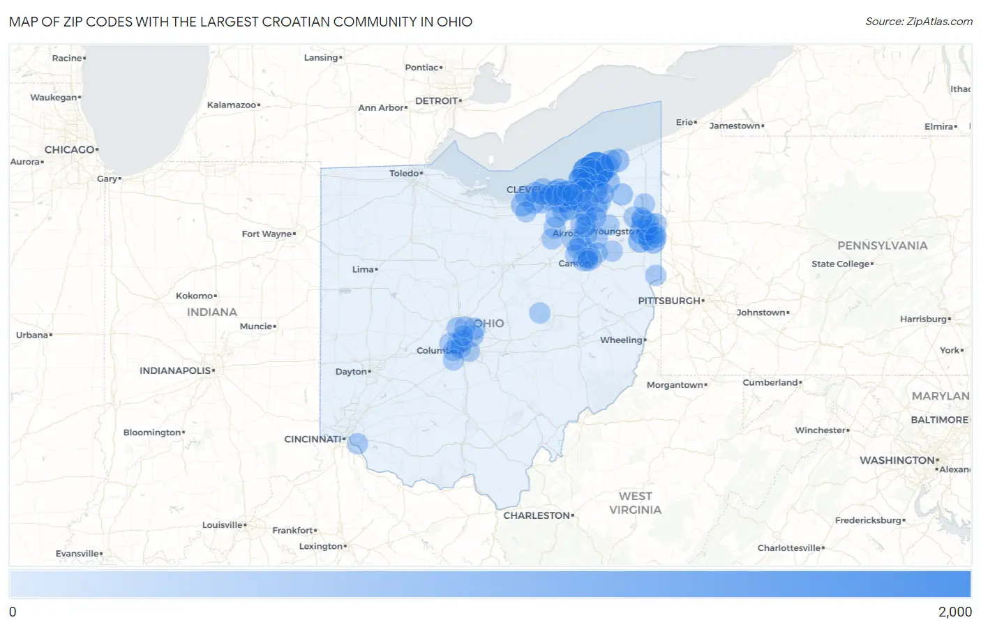 Zip Codes with the Largest Croatian Community in Ohio Map