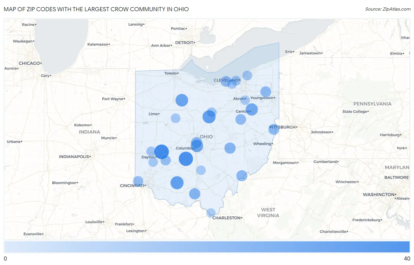 Zip Codes with the Largest Crow Community in Ohio Map