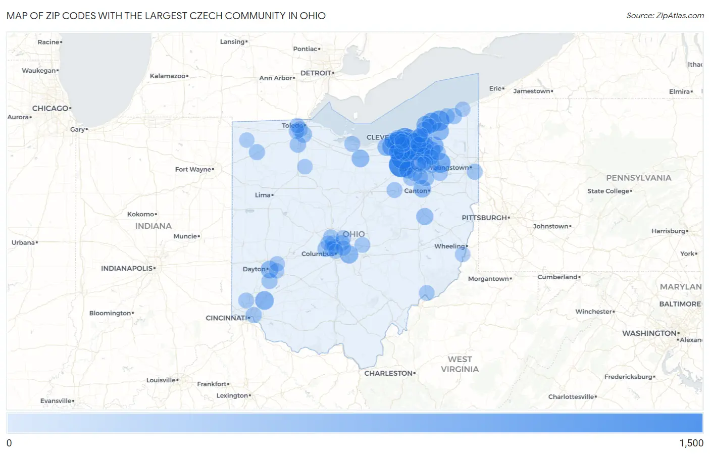 Zip Codes with the Largest Czech Community in Ohio Map