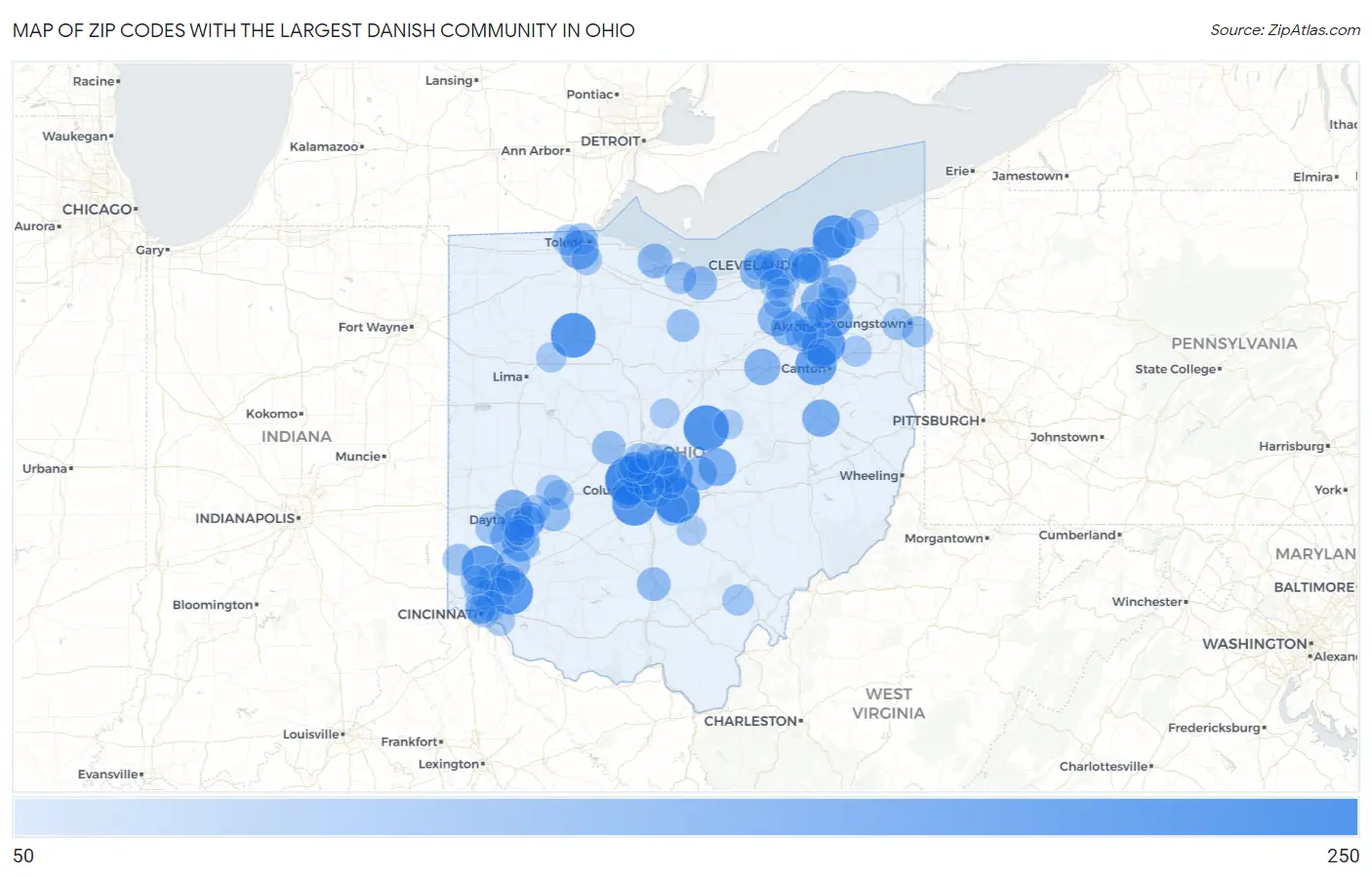 Zip Codes with the Largest Danish Community in Ohio Map