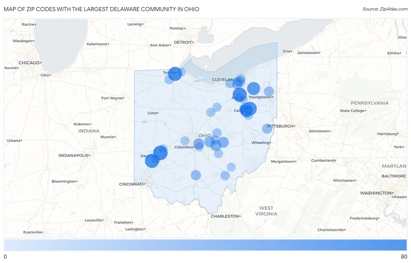 Zip Codes with the Largest Delaware Community in Ohio Map