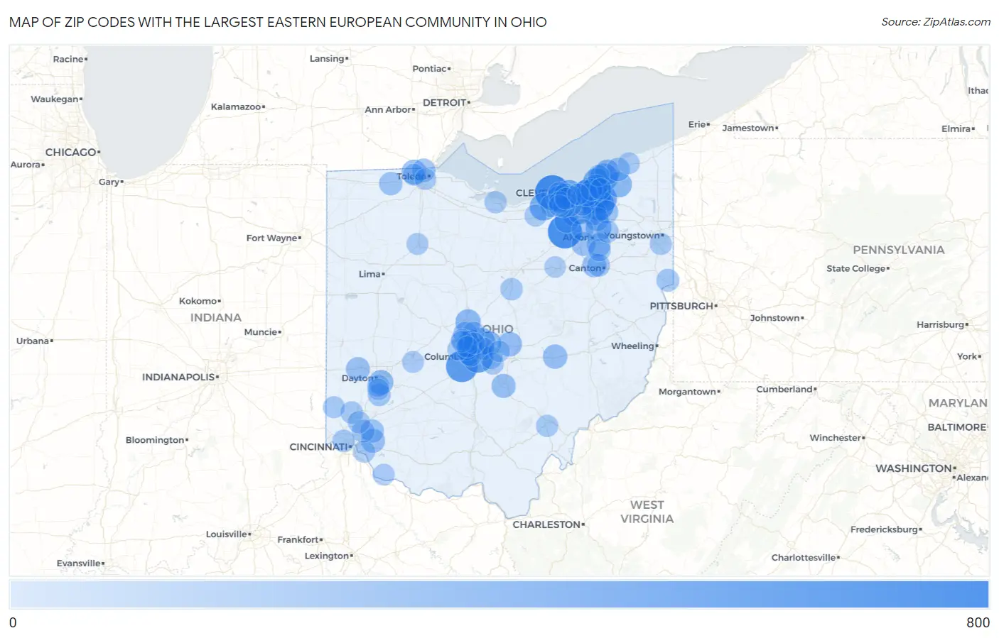 Zip Codes with the Largest Eastern European Community in Ohio Map