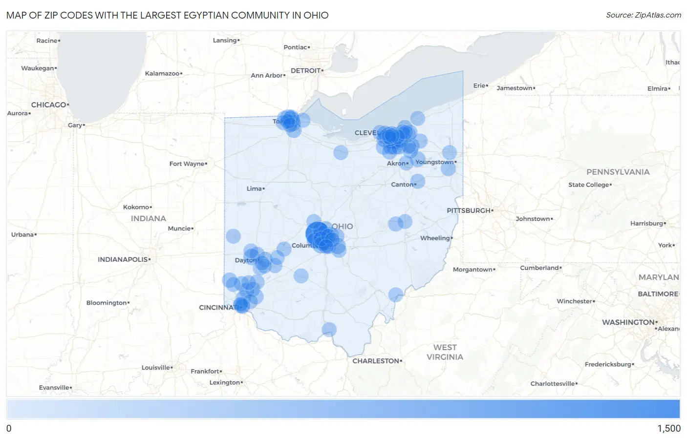 Zip Codes with the Largest Egyptian Community in Ohio Map