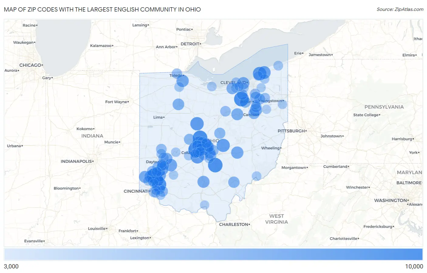 Zip Codes with the Largest English Community in Ohio Map