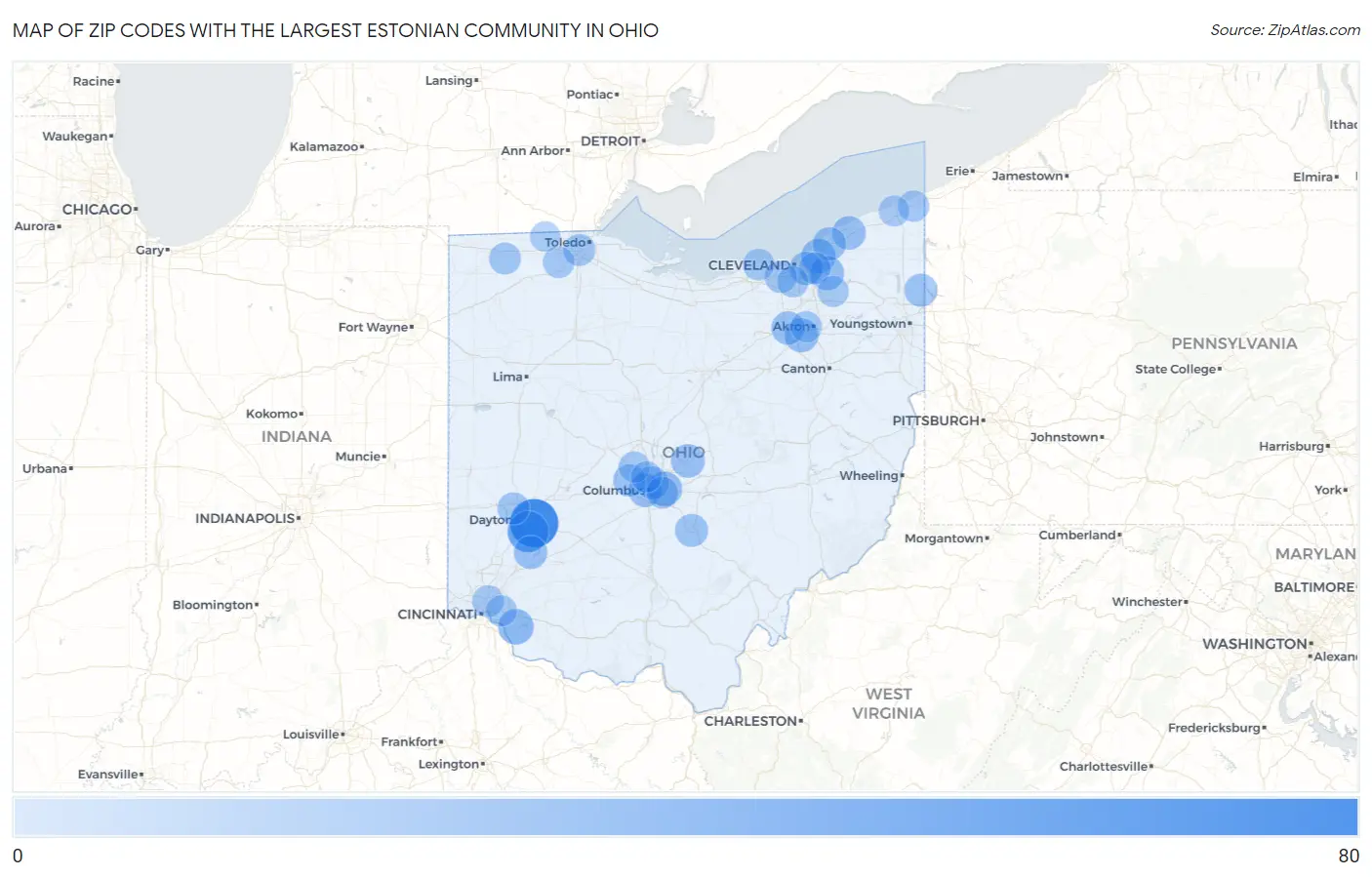 Zip Codes with the Largest Estonian Community in Ohio Map