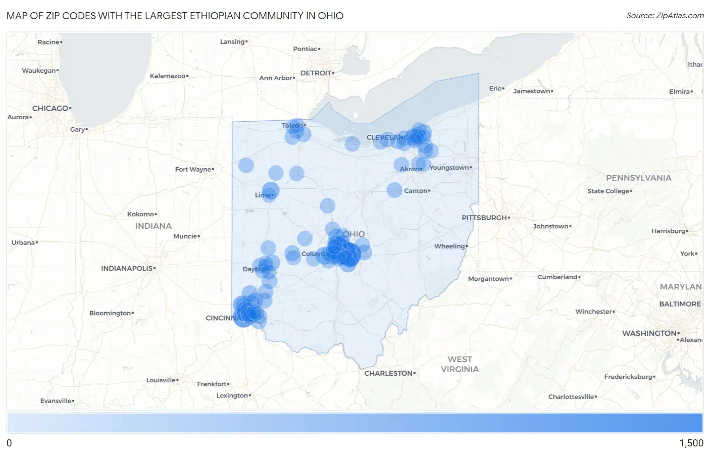 Zip Codes with the Largest Ethiopian Community in Ohio Map