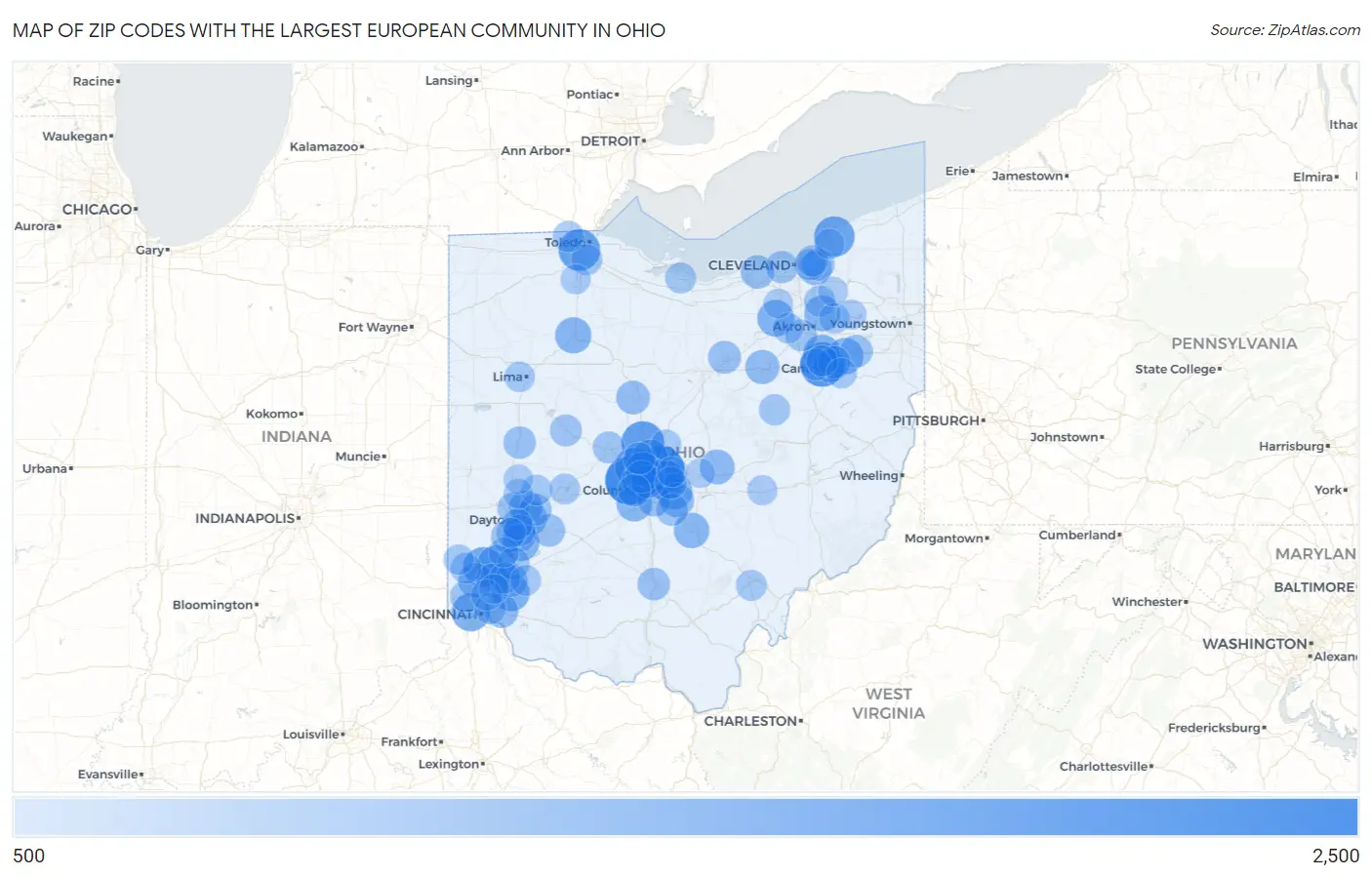 Zip Codes with the Largest European Community in Ohio Map