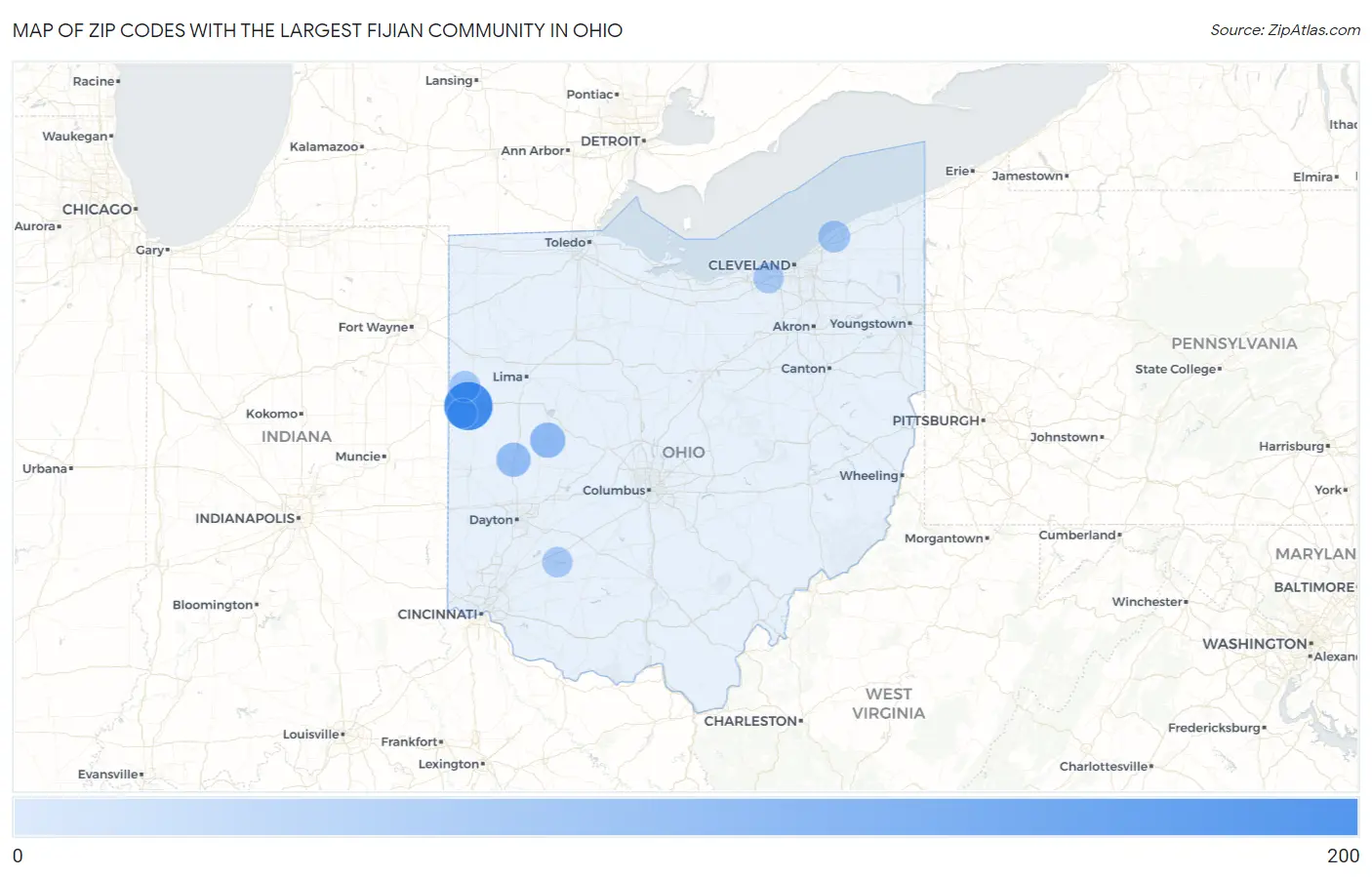 Zip Codes with the Largest Fijian Community in Ohio Map