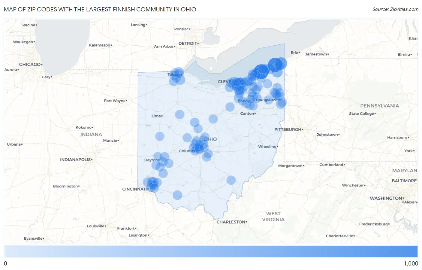 Zip Codes with the Largest Finnish Community in Ohio Map