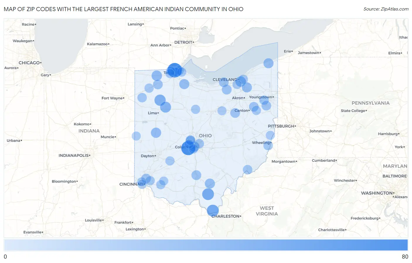 Zip Codes with the Largest French American Indian Community in Ohio Map