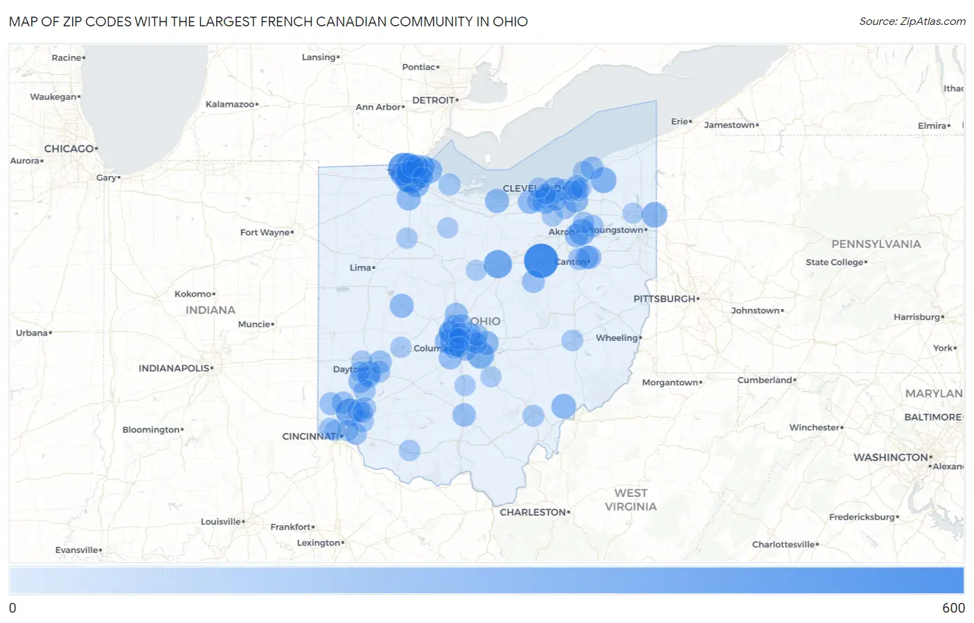 Zip Codes with the Largest French Canadian Community in Ohio Map