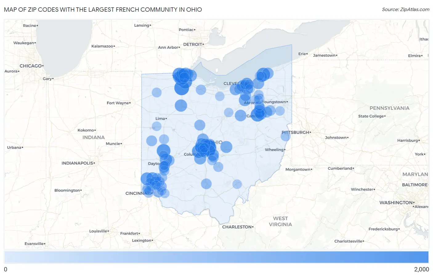 Zip Codes with the Largest French Community in Ohio Map