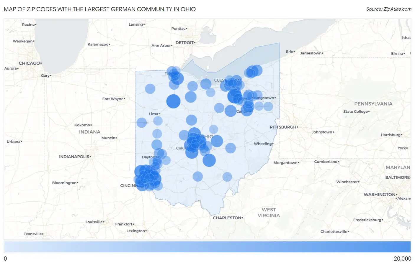 Zip Codes with the Largest German Community in Ohio Map
