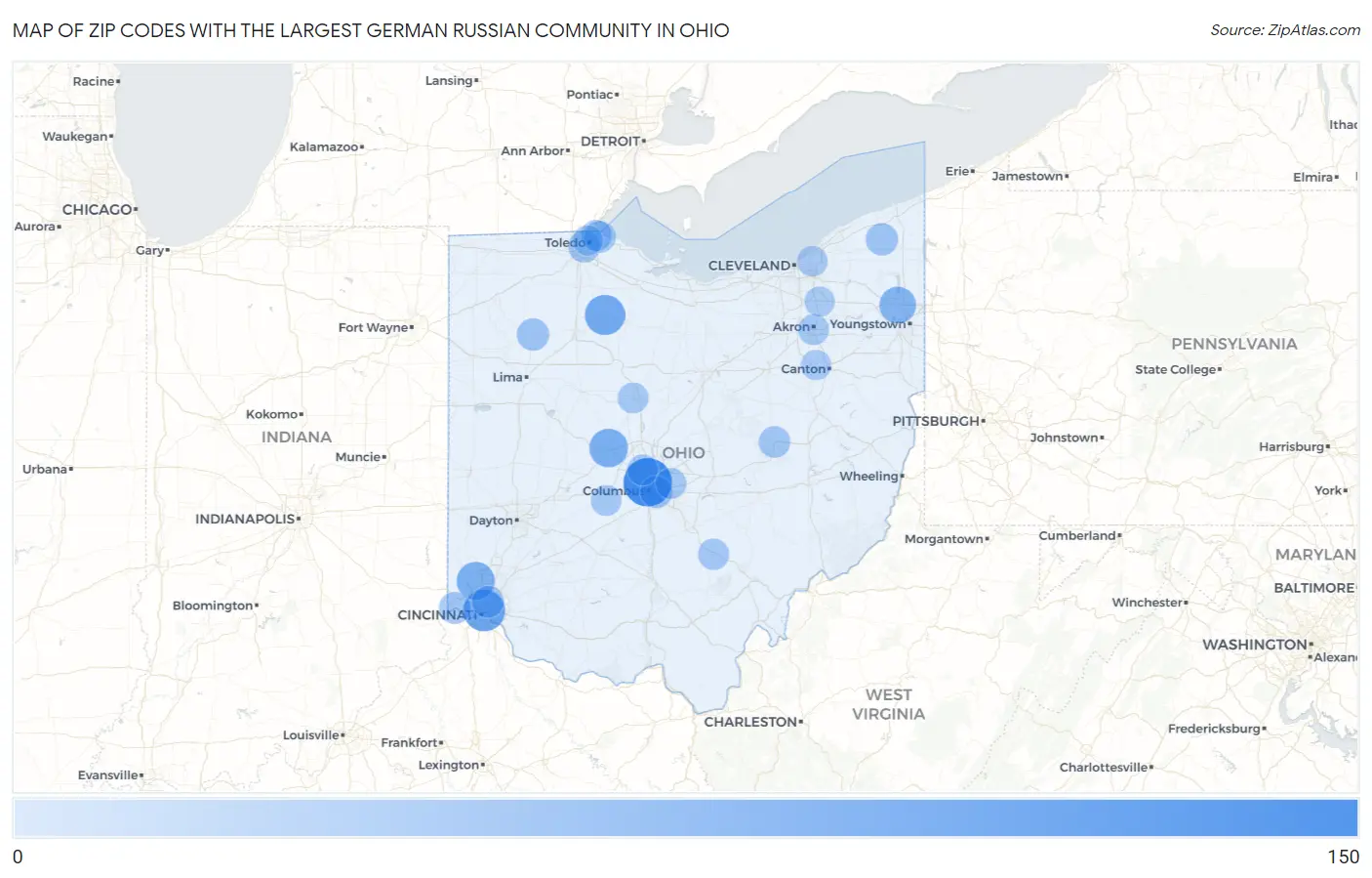 Zip Codes with the Largest German Russian Community in Ohio Map