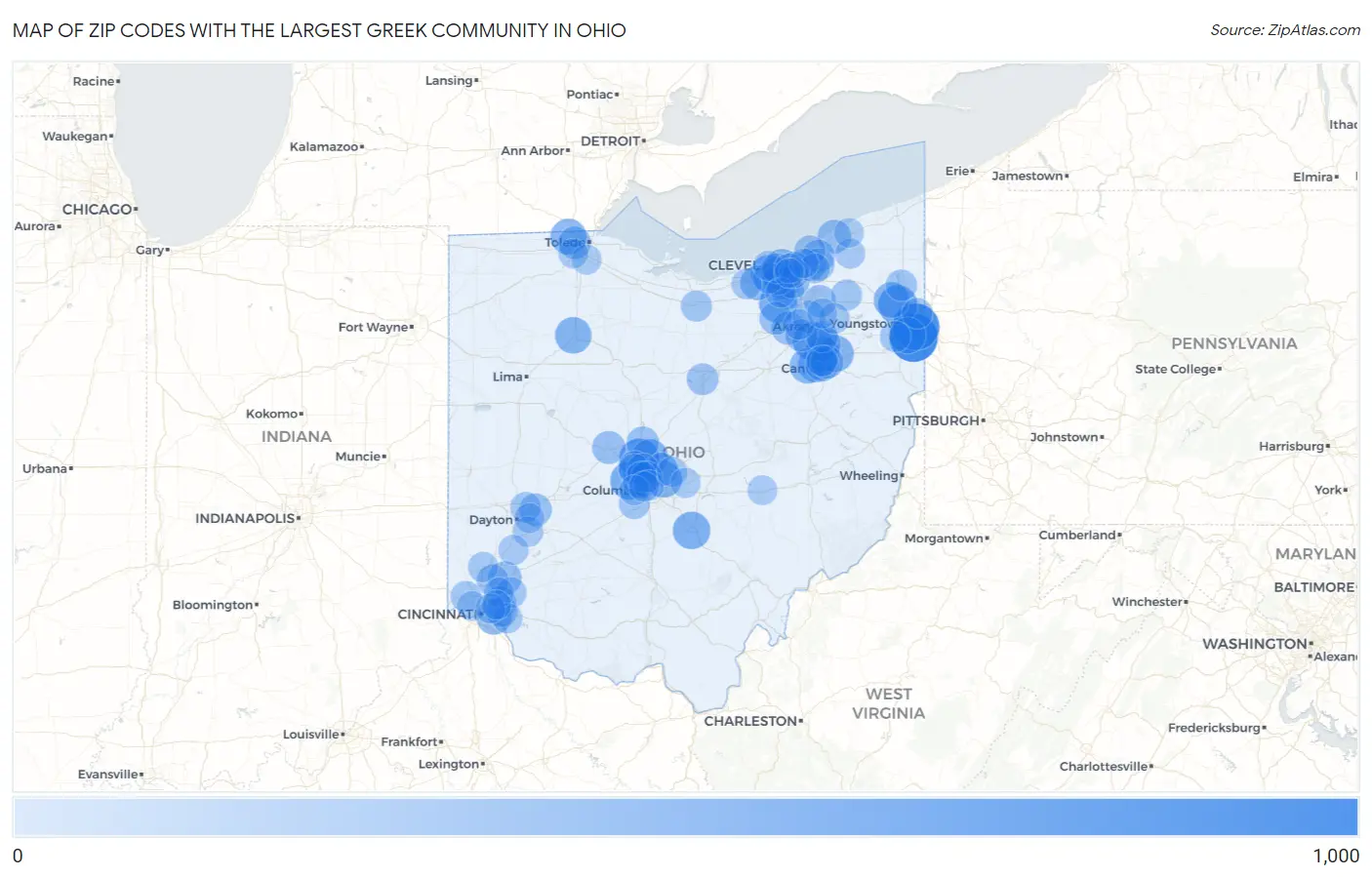 Zip Codes with the Largest Greek Community in Ohio Map