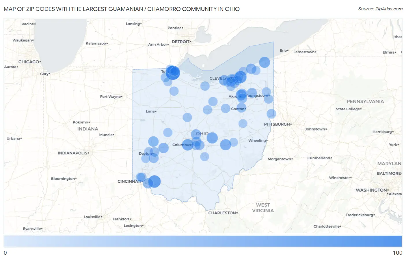 Zip Codes with the Largest Guamanian / Chamorro Community in Ohio Map