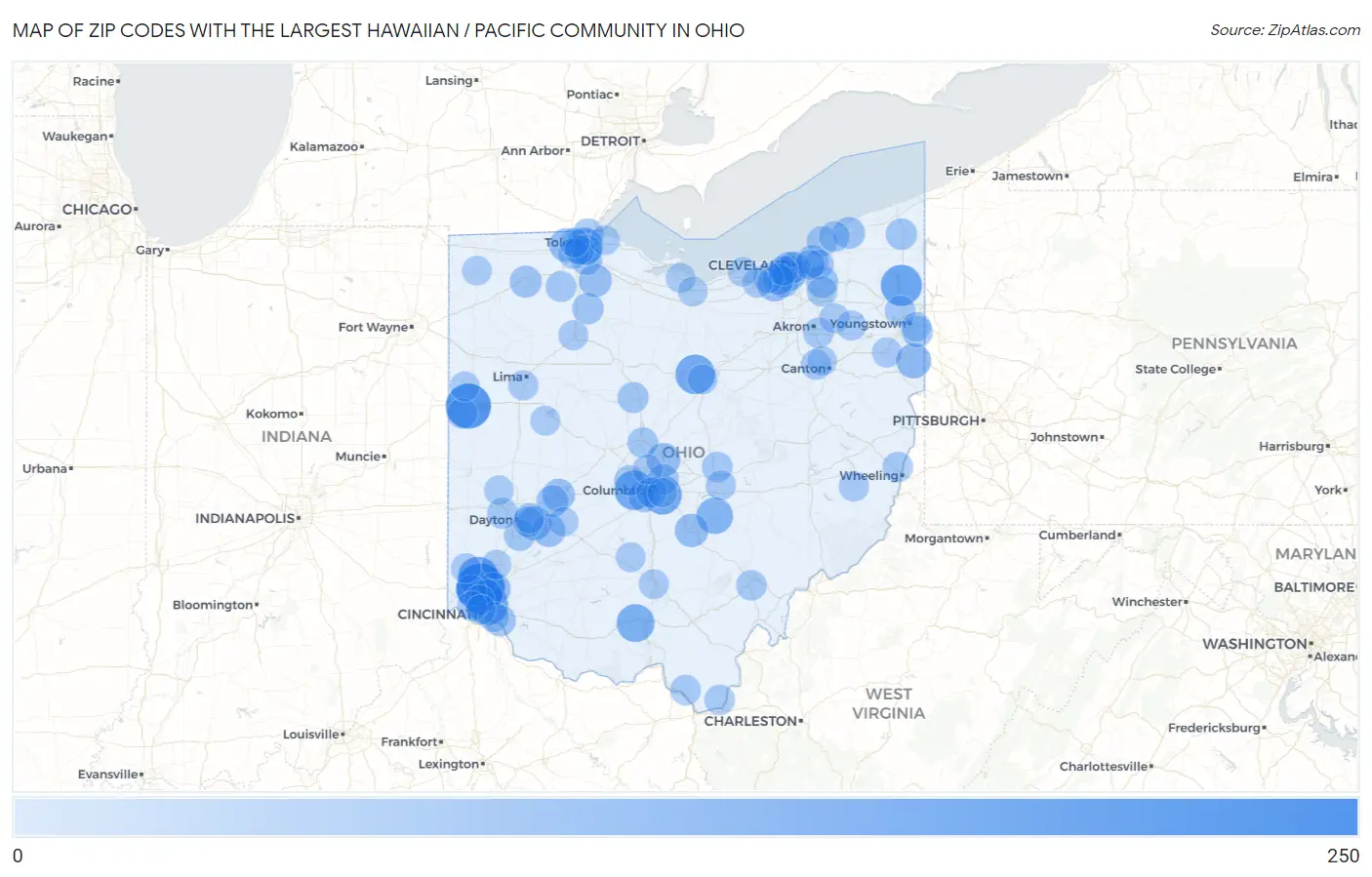 Zip Codes with the Largest Hawaiian / Pacific Community in Ohio Map