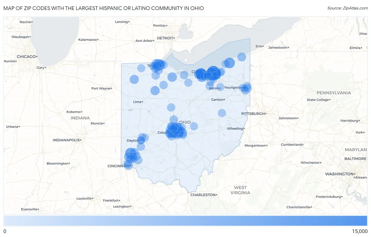 Zip Codes with the Largest Hispanic or Latino Community in Ohio Map