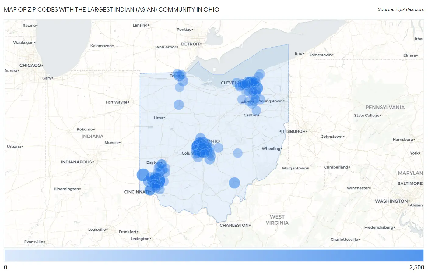 Zip Codes with the Largest Indian (Asian) Community in Ohio Map