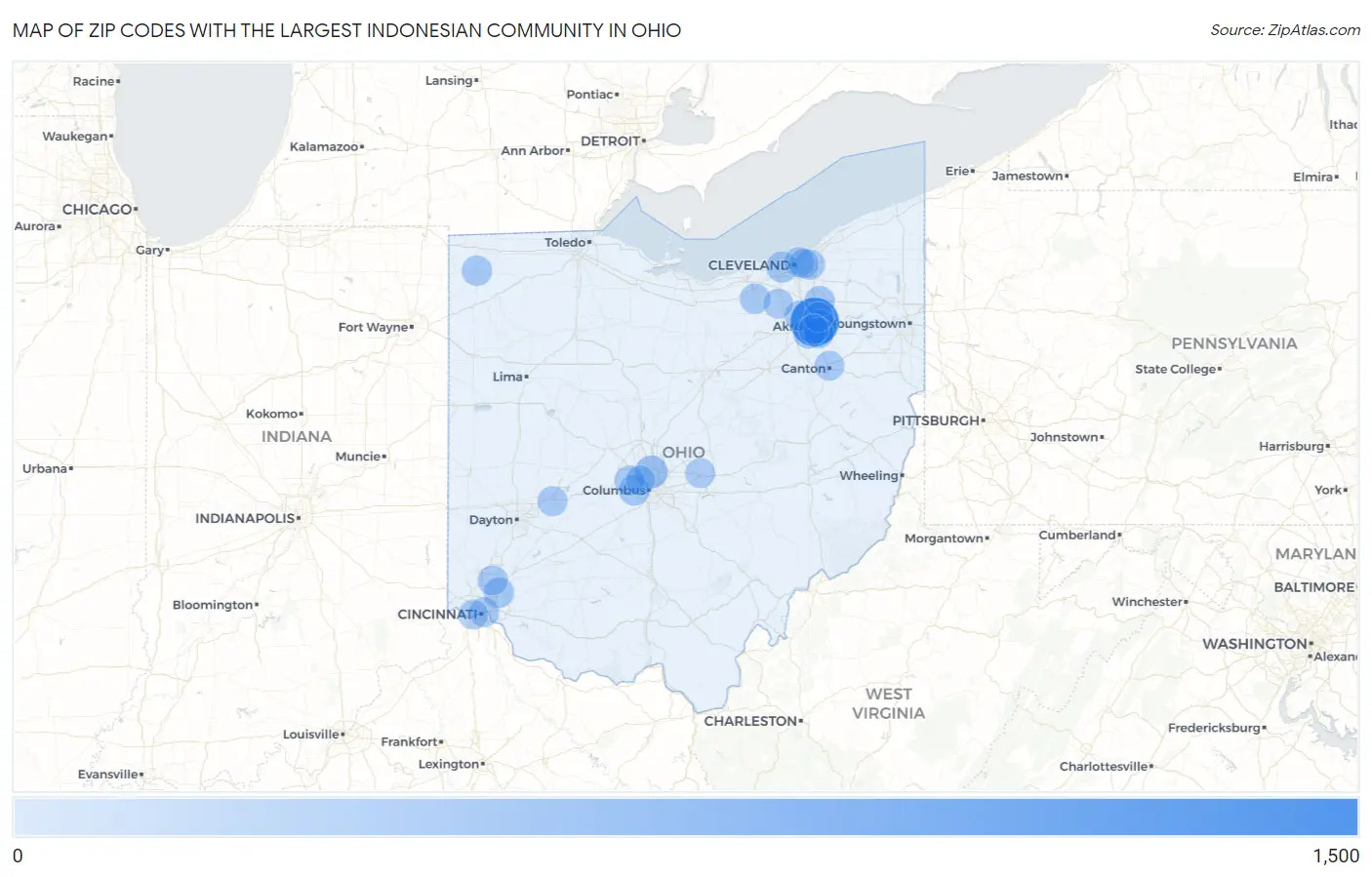 Zip Codes with the Largest Indonesian Community in Ohio Map