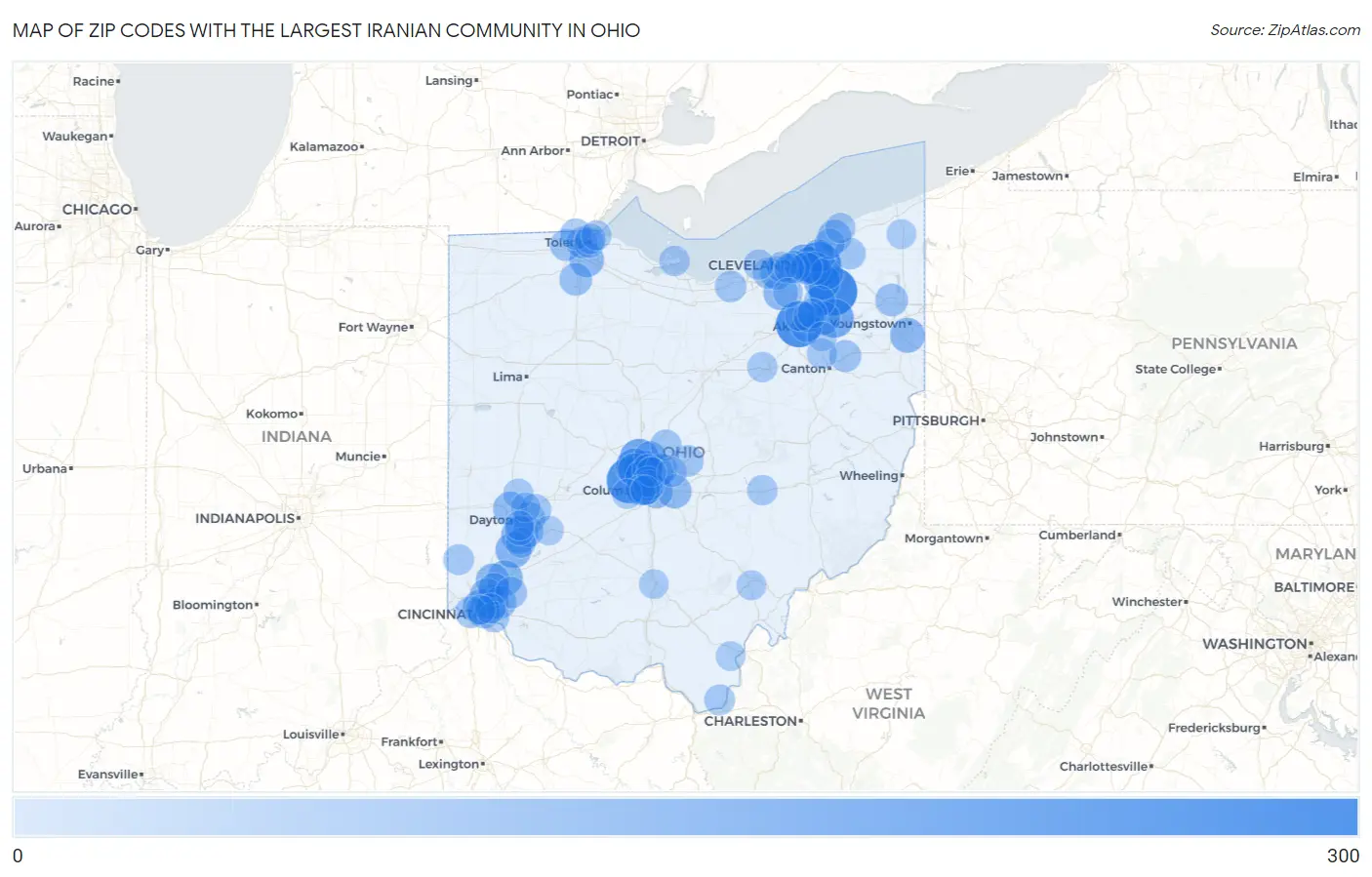 Zip Codes with the Largest Iranian Community in Ohio Map
