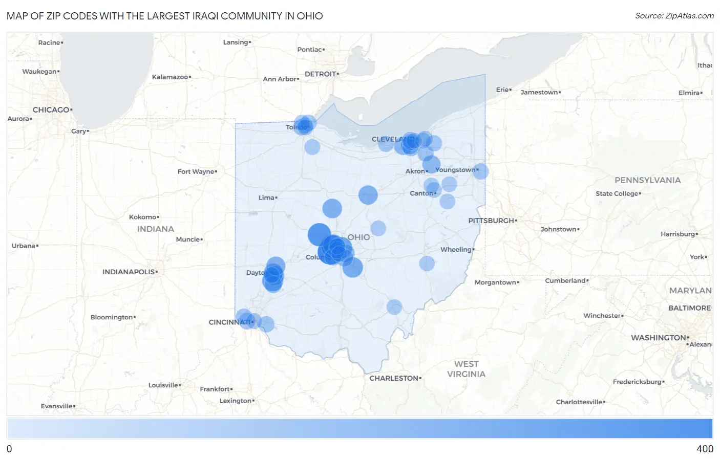 Zip Codes with the Largest Iraqi Community in Ohio Map