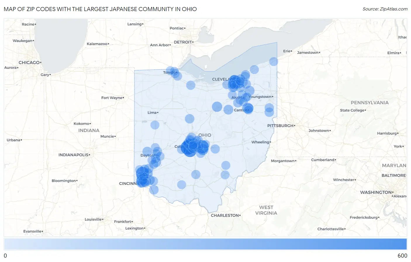 Zip Codes with the Largest Japanese Community in Ohio Map