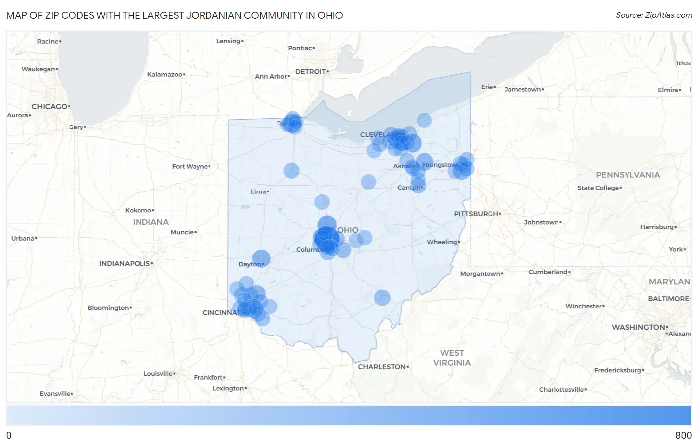 Zip Codes with the Largest Jordanian Community in Ohio Map