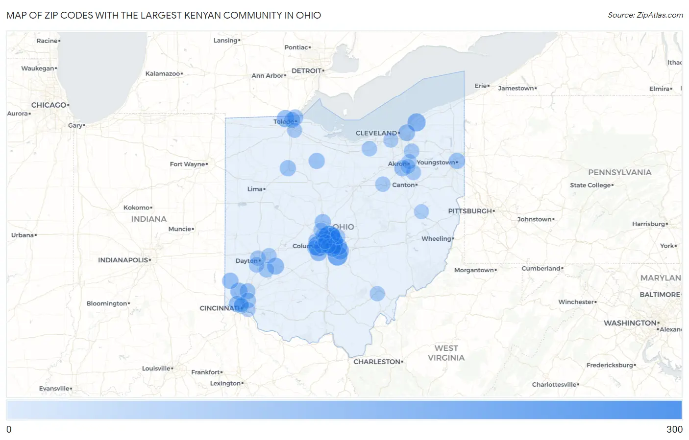 Zip Codes with the Largest Kenyan Community in Ohio Map