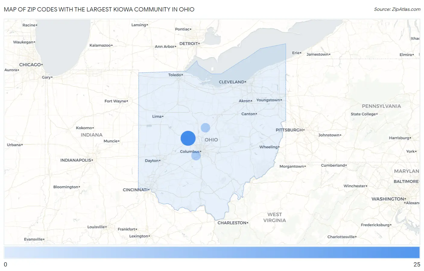 Zip Codes with the Largest Kiowa Community in Ohio Map