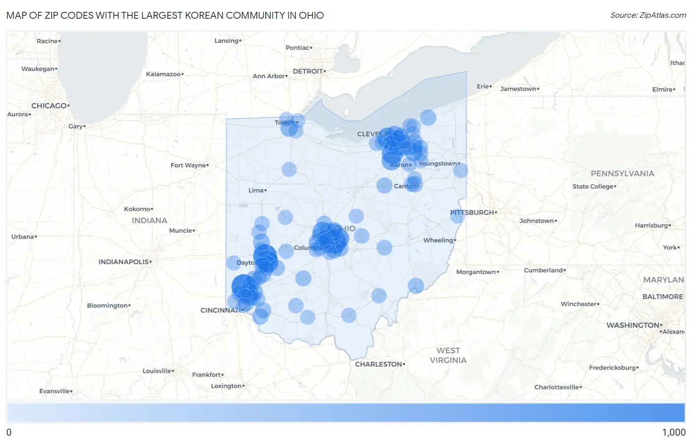 Zip Codes with the Largest Korean Community in Ohio Map