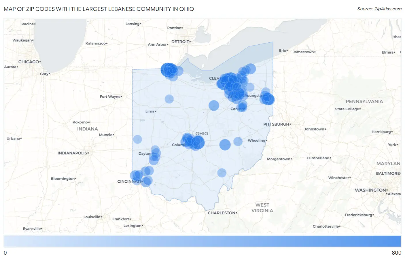 Zip Codes with the Largest Lebanese Community in Ohio Map