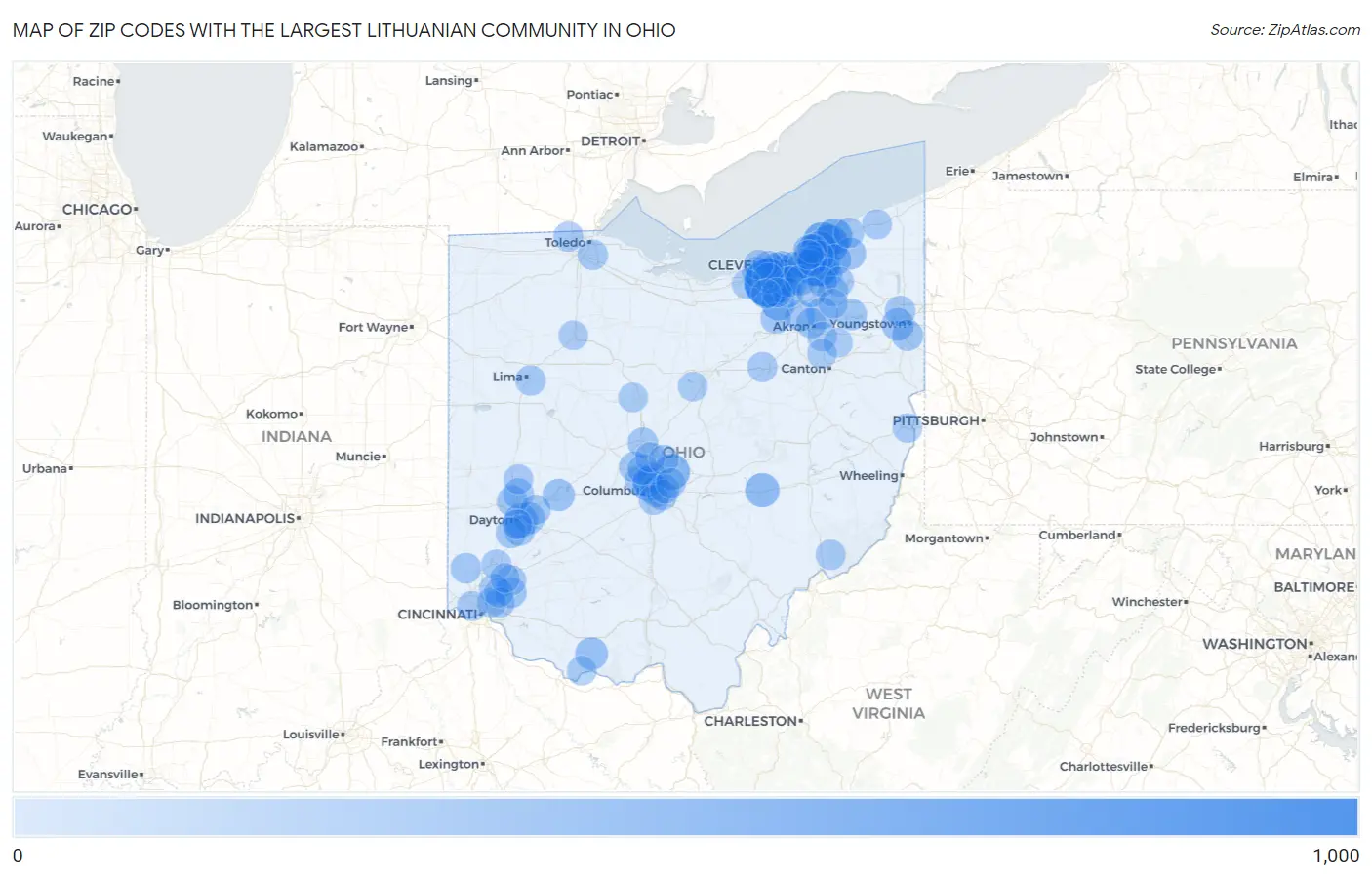 Zip Codes with the Largest Lithuanian Community in Ohio Map