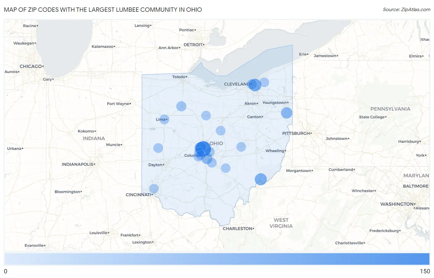 Zip Codes with the Largest Lumbee Community in Ohio Map