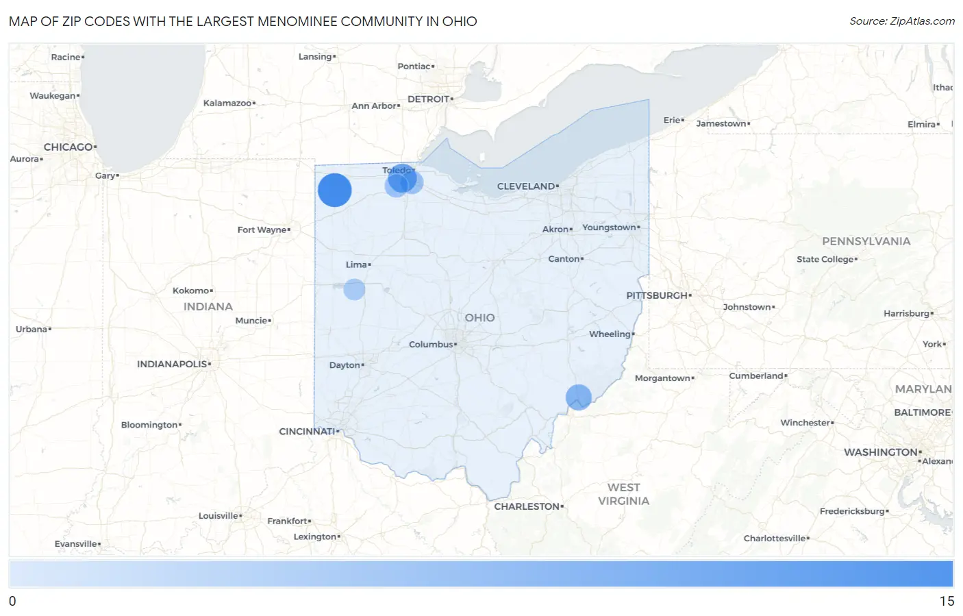 Zip Codes with the Largest Menominee Community in Ohio Map