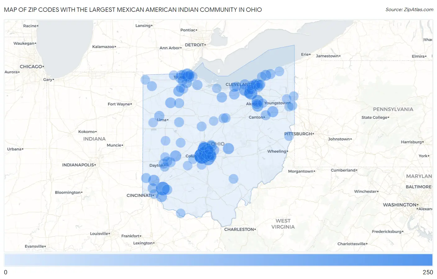 Zip Codes with the Largest Mexican American Indian Community in Ohio Map