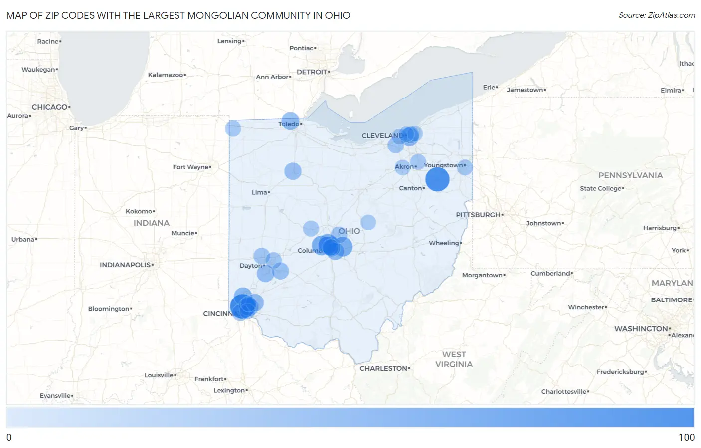 Zip Codes with the Largest Mongolian Community in Ohio Map