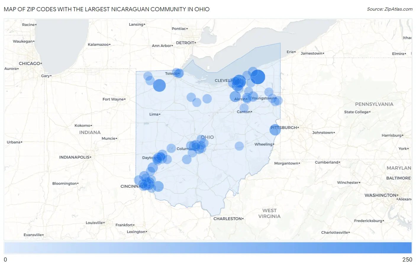 Zip Codes with the Largest Nicaraguan Community in Ohio Map