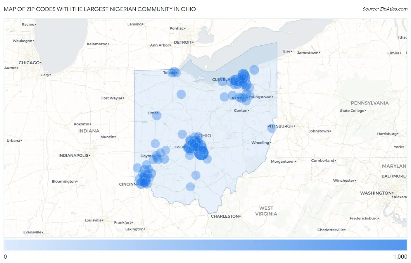 Zip Codes with the Largest Nigerian Community in Ohio Map