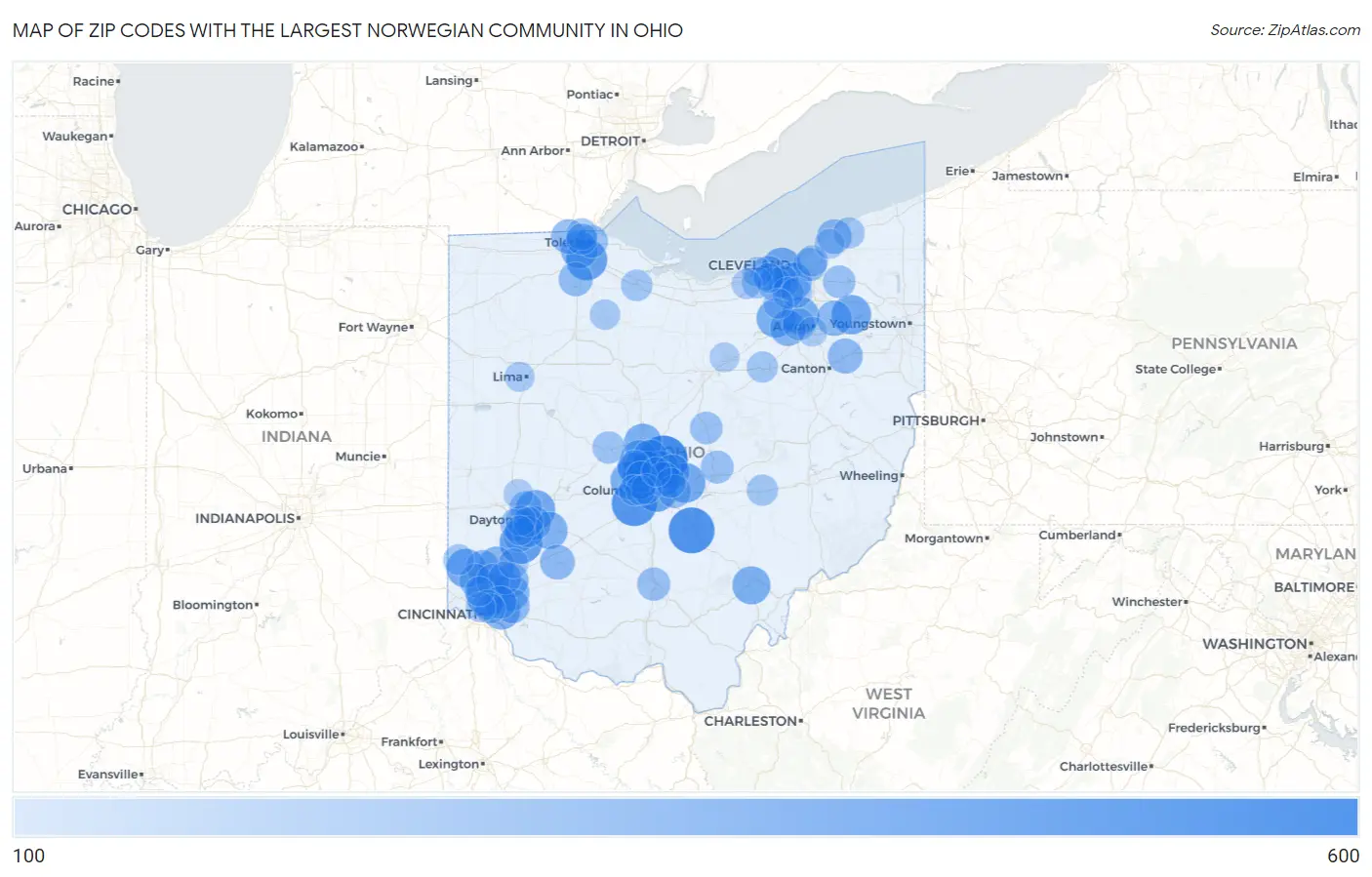 Zip Codes with the Largest Norwegian Community in Ohio Map