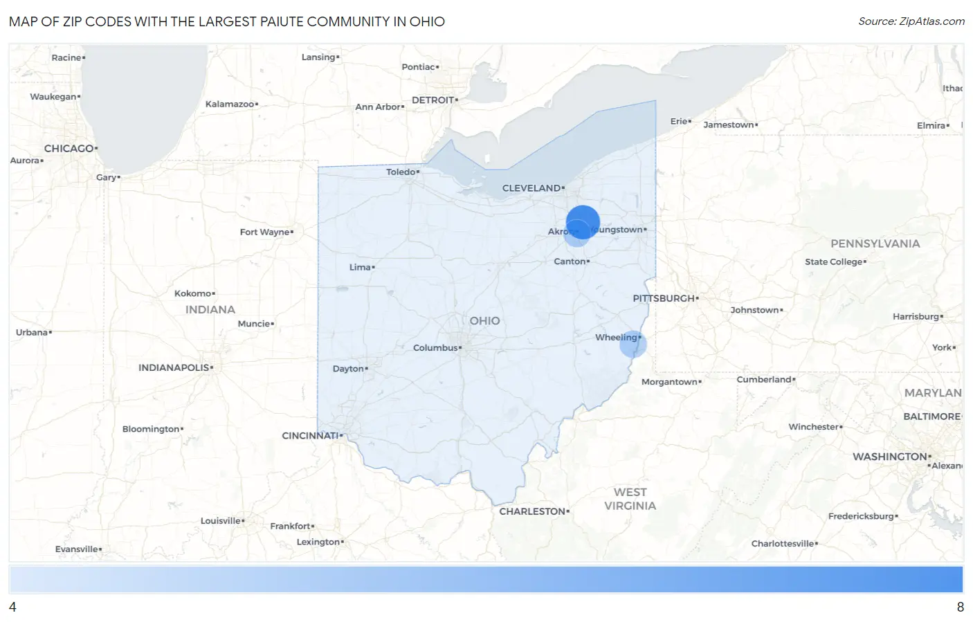 Zip Codes with the Largest Paiute Community in Ohio Map