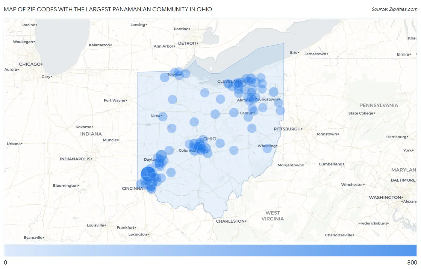 Zip Codes with the Largest Panamanian Community in Ohio Map