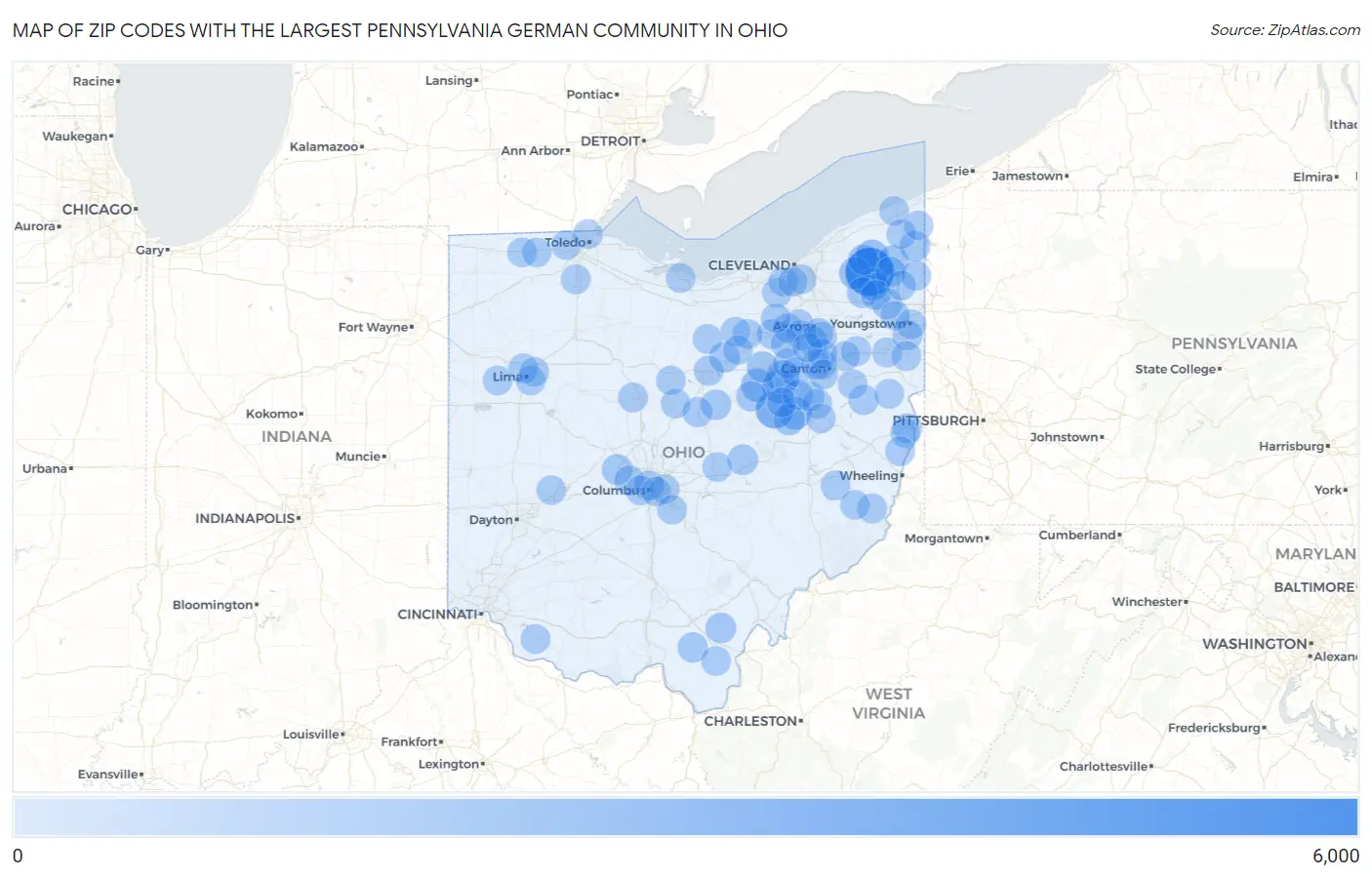 Zip Codes with the Largest Pennsylvania German Community in Ohio Map