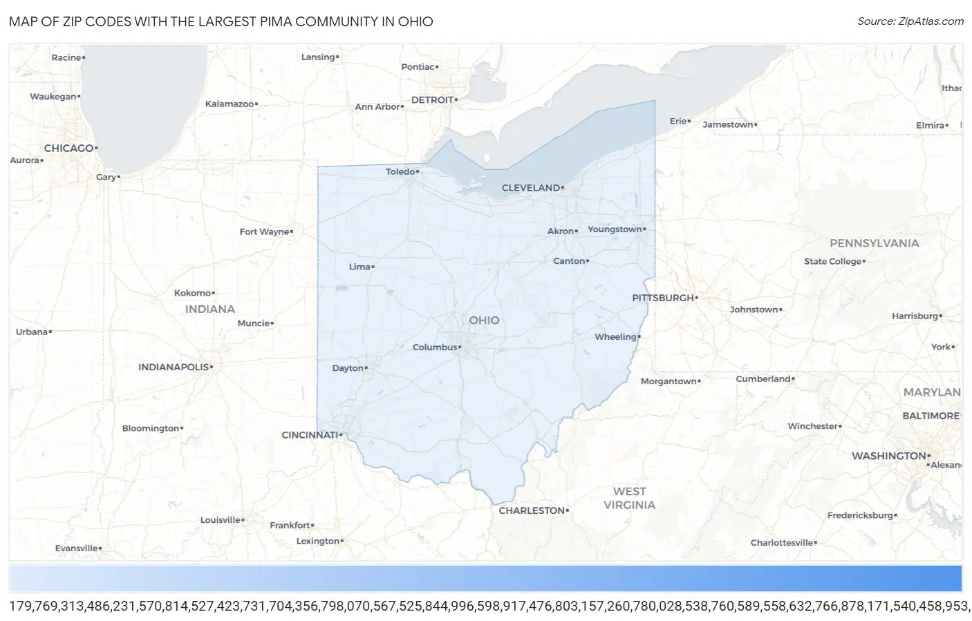 Zip Codes with the Largest Pima Community in Ohio Map